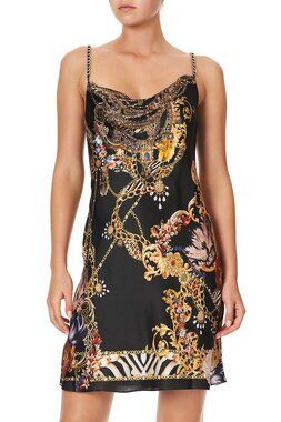 CAMILLA A Night In The 90s Short Bias Silk Crystal Cowl Neckline Slip Mini Dress
